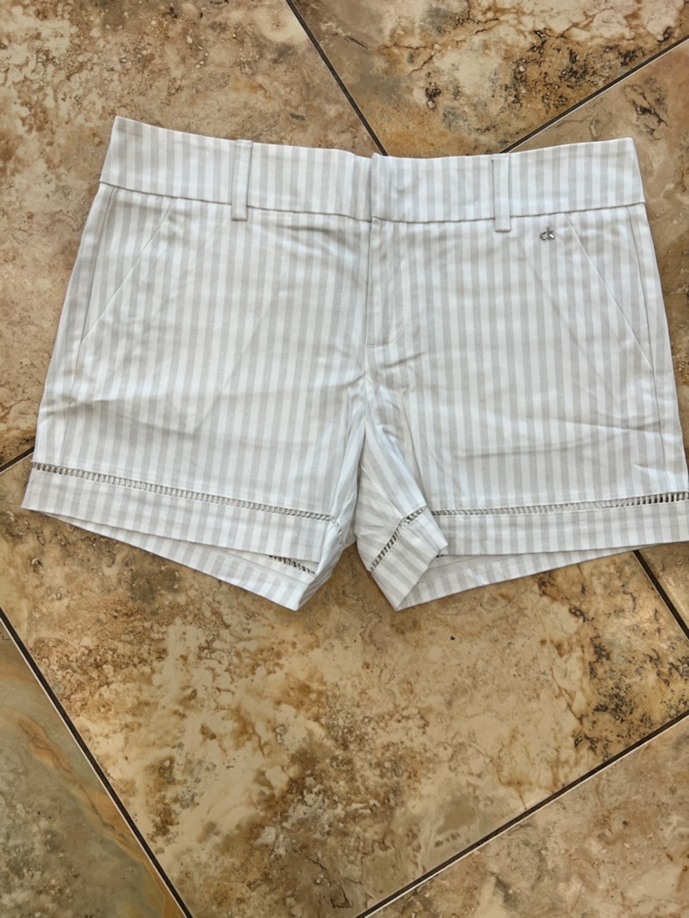 Calvin Klein White and Light Gray Striped High Waist Shorts